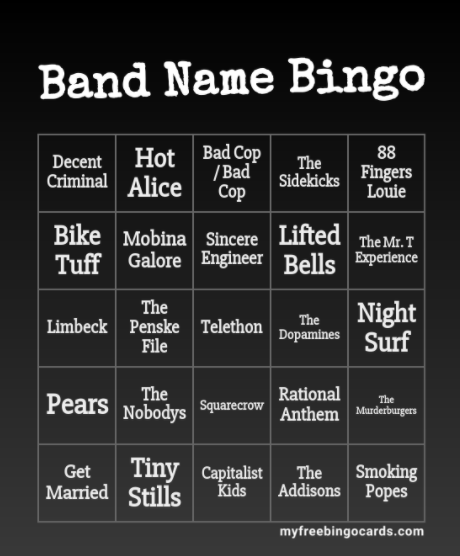 Band Name Bingo Card