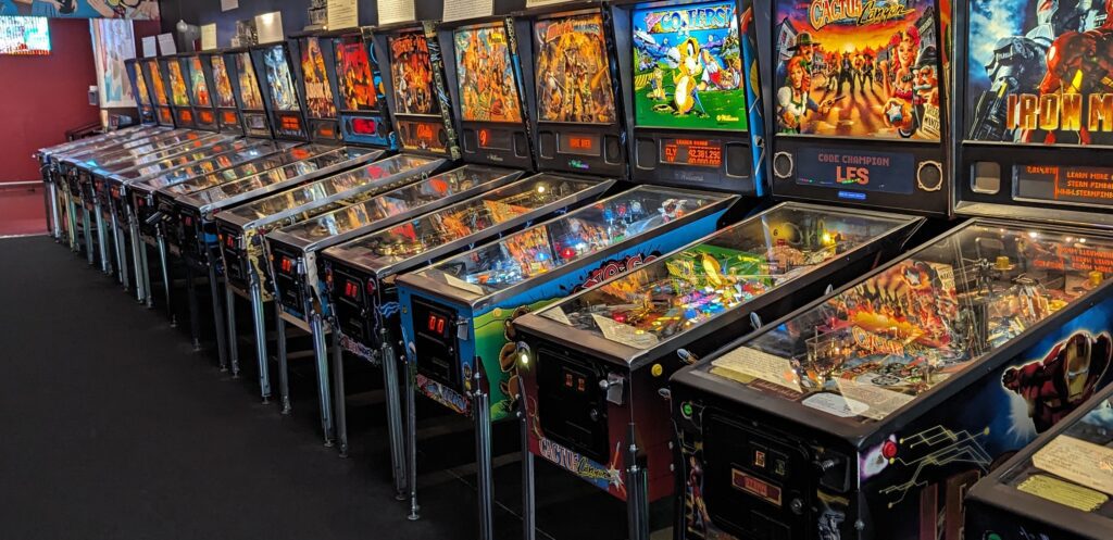 A row of pinball machines at the Pacific Pinball Museum in Alameda, CA.