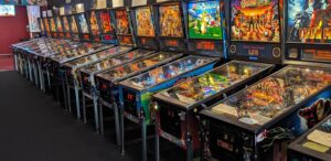 A row of pinball machines at the Pacific Pinball Museum in Alameda, CA.